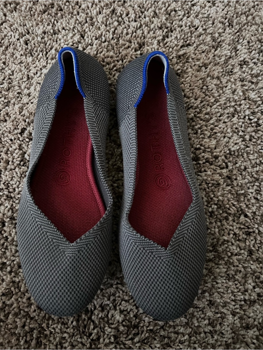 Rothy's Gray Knit Slip-On Flats with Burgundy Insole and Blue Trim